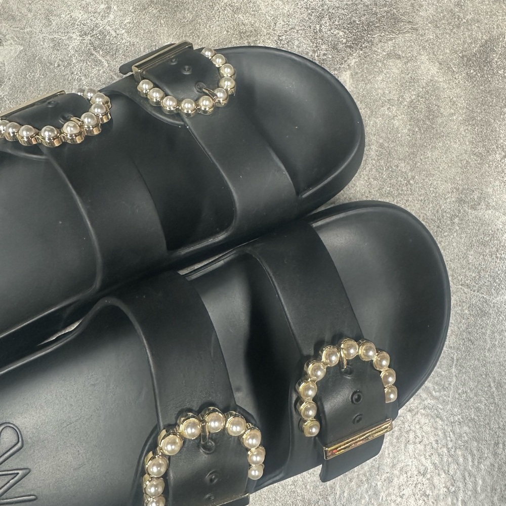 Stuart Weitzman Black Sandals with Pearl Accents